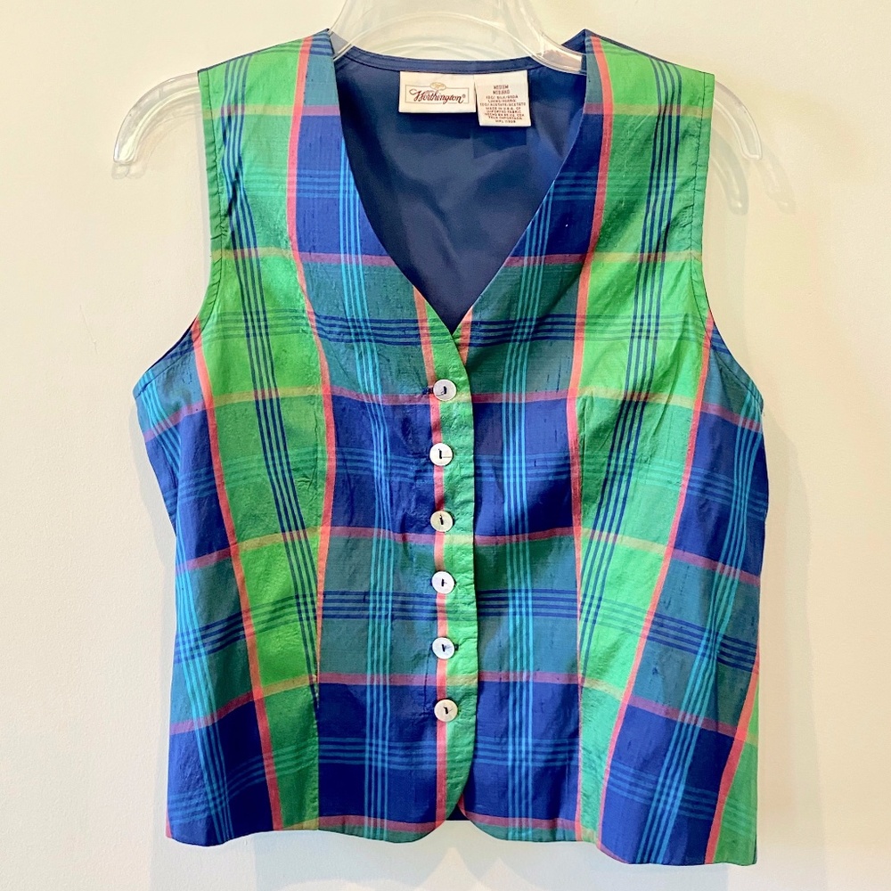 Vintage Worthington Plaid Lined Silk Vest Sz M